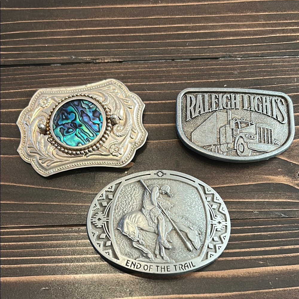 Vintage Belt Buckle Set with Abalone and Silver Tones